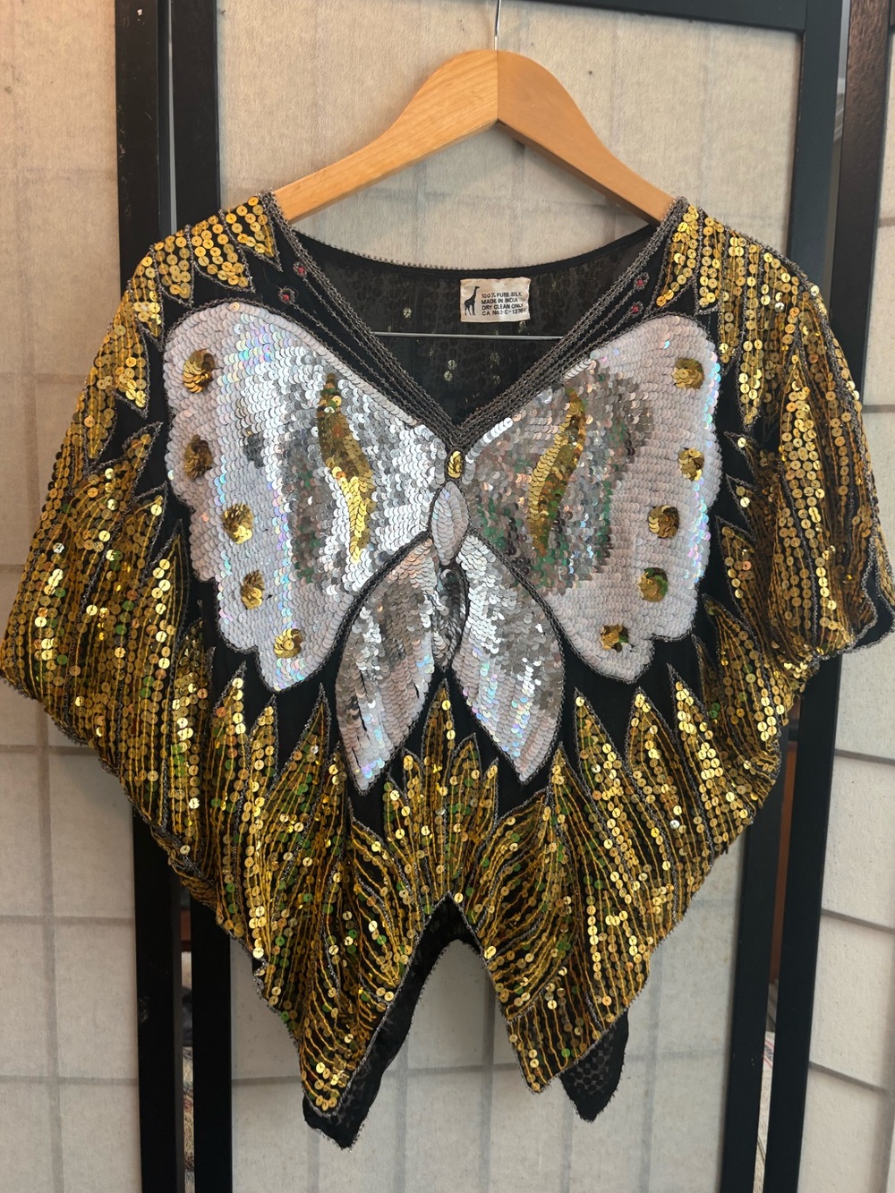 VINTAGE DISCO SEQUIN Silk 70’s 80’s Butterfly V-Neck Drapey Top Gold & Silver